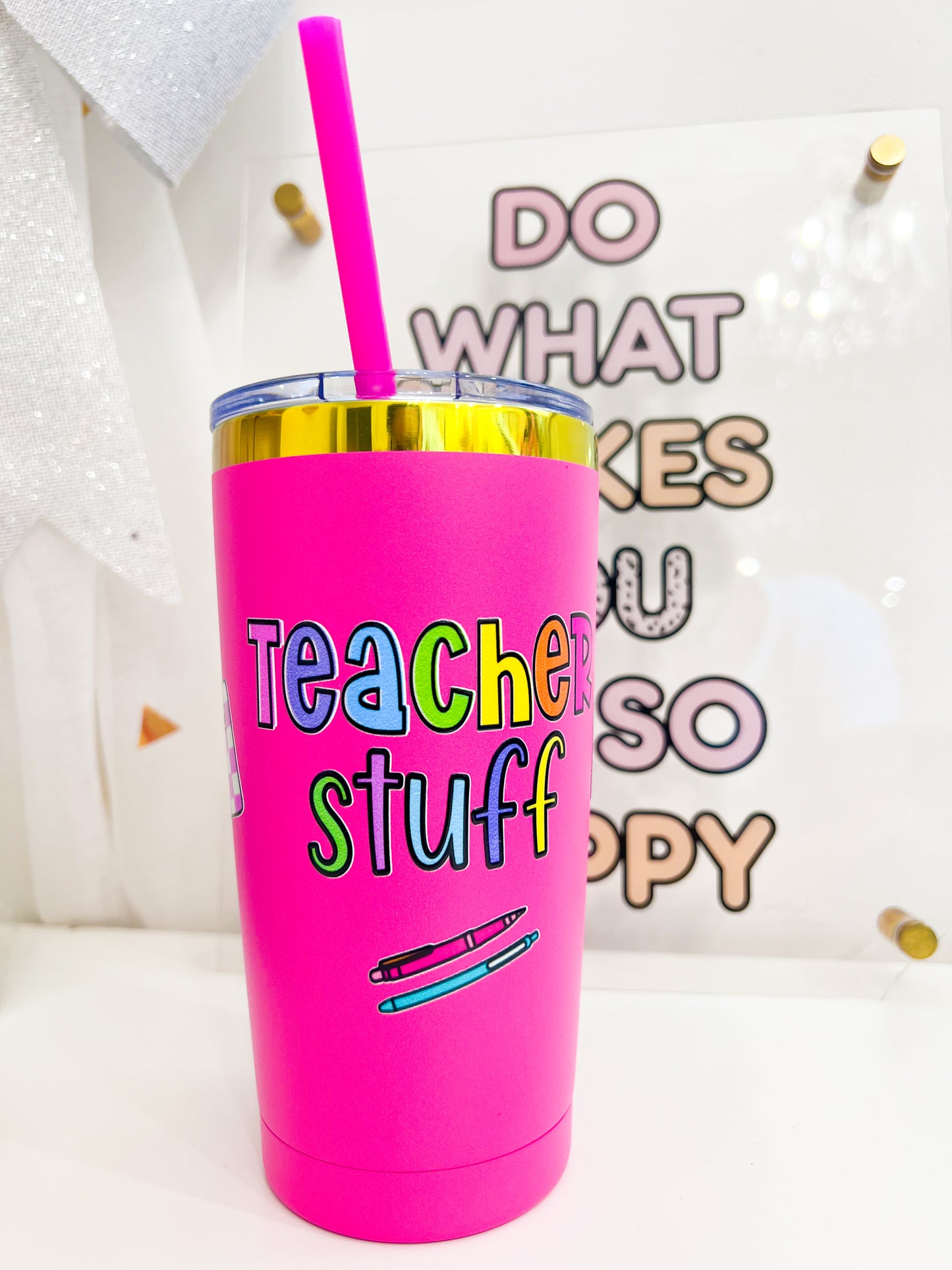 Hot Pink Teacher Stuff Tumbler